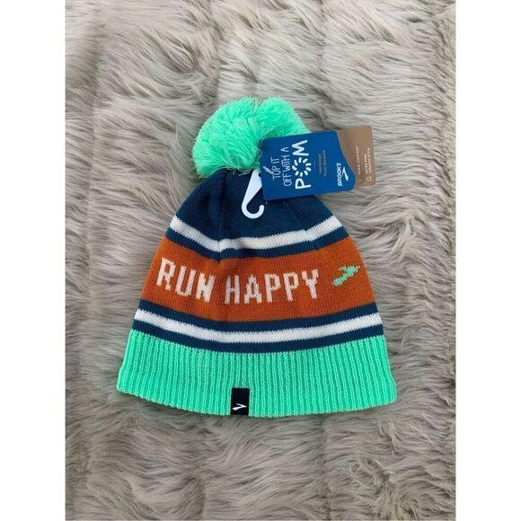 Brooks Heritage Pom Beanie Unisex Run Happy DK Ocean OSFA NWT - Picture 1 of 4